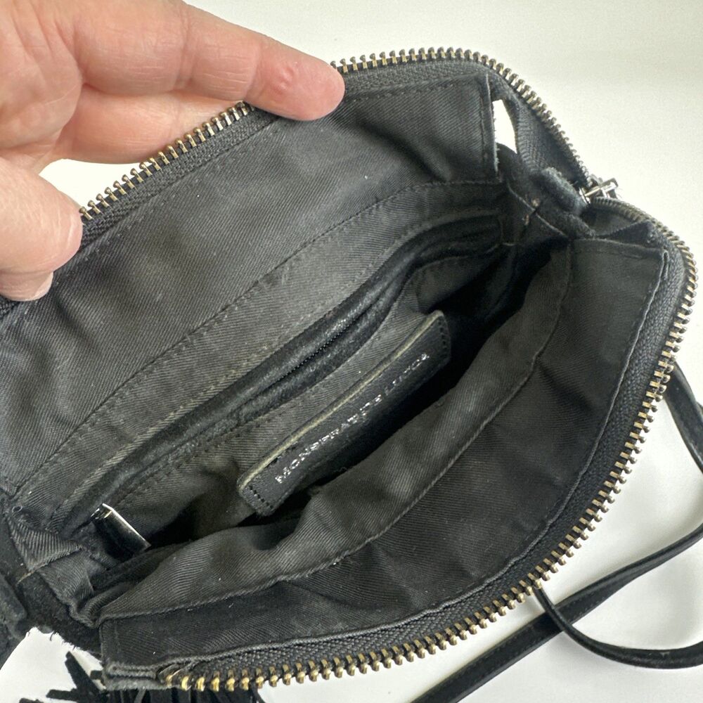 Monserat de Lucca Black Suede Fringe Trim Purse Crossbody Bag Zip Festival Boho - Picture 12 of 16